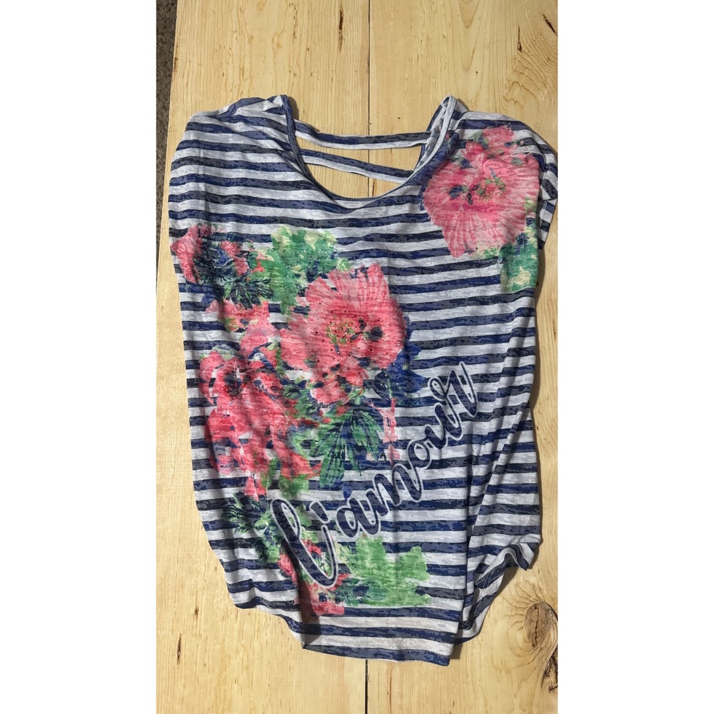 Three Hearts L'Amour Floral Striped Burnout‎ Top Blue White Large Strappy Back